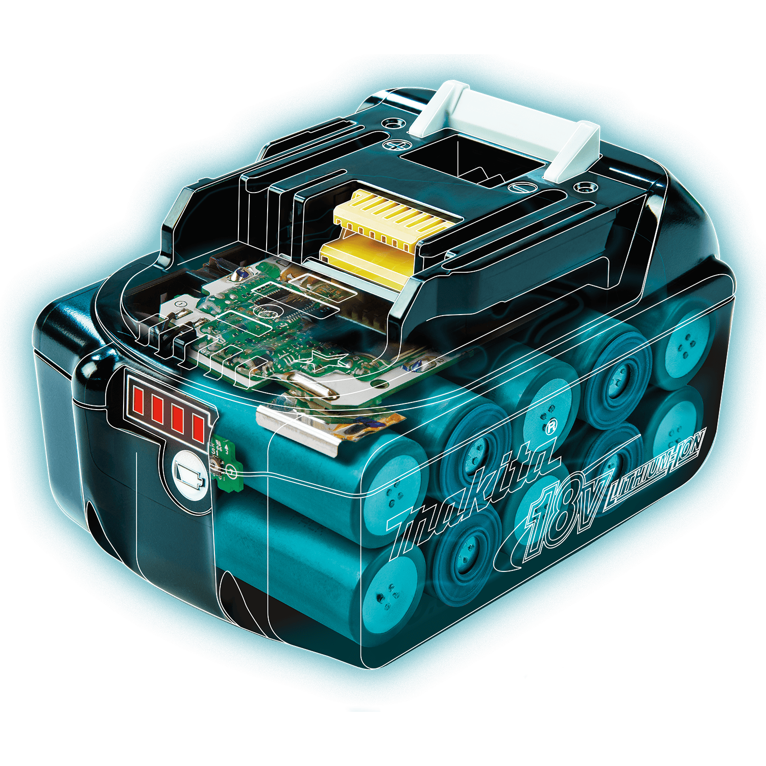 Cutaway diagram of Makita 18V battery showing internal cylindrical lithium-ion cells, protective cradle, and control board.