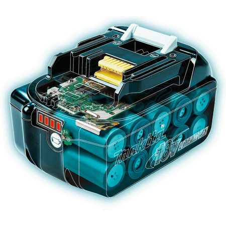Cutaway diagram of Makita 18V battery showing internal cylindrical lithium-ion cells, protective cradle, and control board.