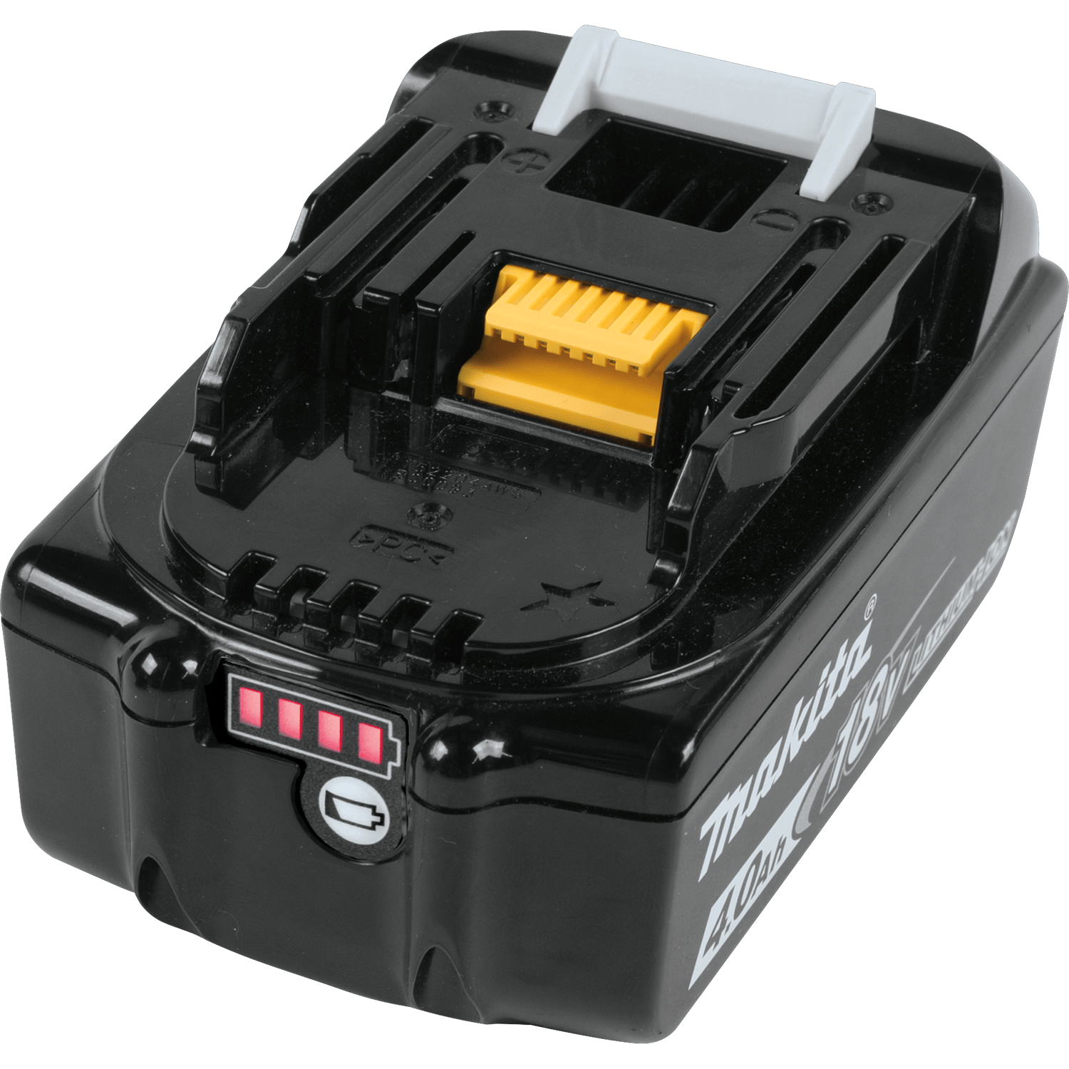 Front quarter view of Makita 18V 4.0Ah battery showing the yellow terminal interface and push-button charge gauge.
