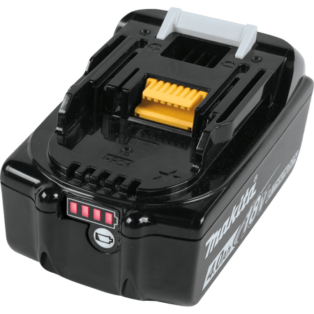Front quarter view of Makita 18V 4.0Ah battery showing the yellow terminal interface and push-button charge gauge.