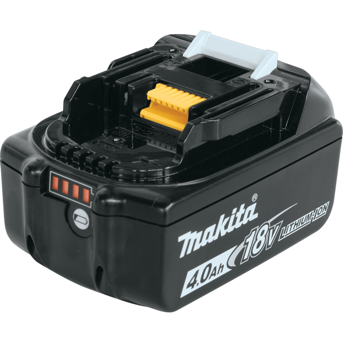 Angled side view of Makita ADBL1840B 18V 4.0Ah lithium-ion slide-style battery with four glowing charge indicator bars.