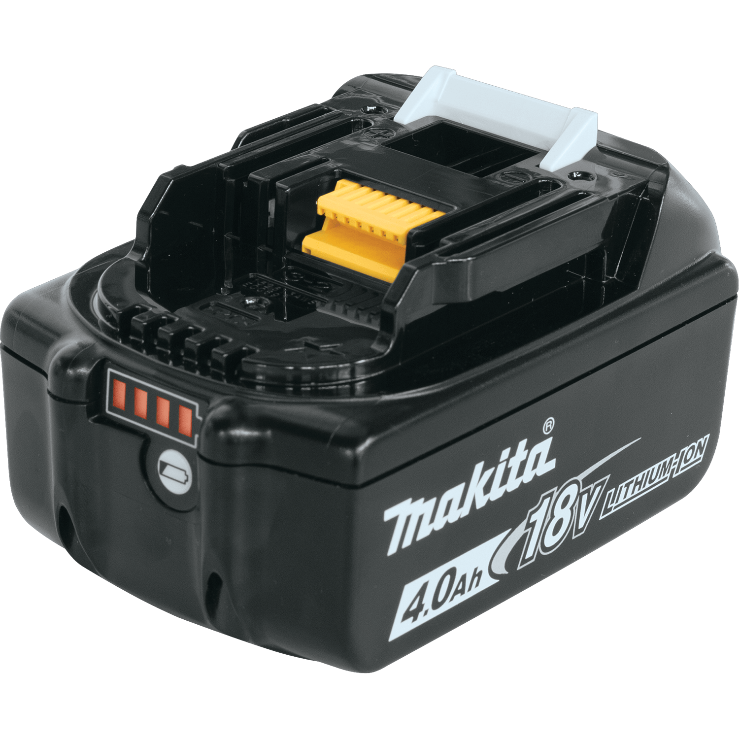 Angled side view of Makita ADBL1840B 18V 4.0Ah lithium-ion slide-style battery with four glowing charge indicator bars.