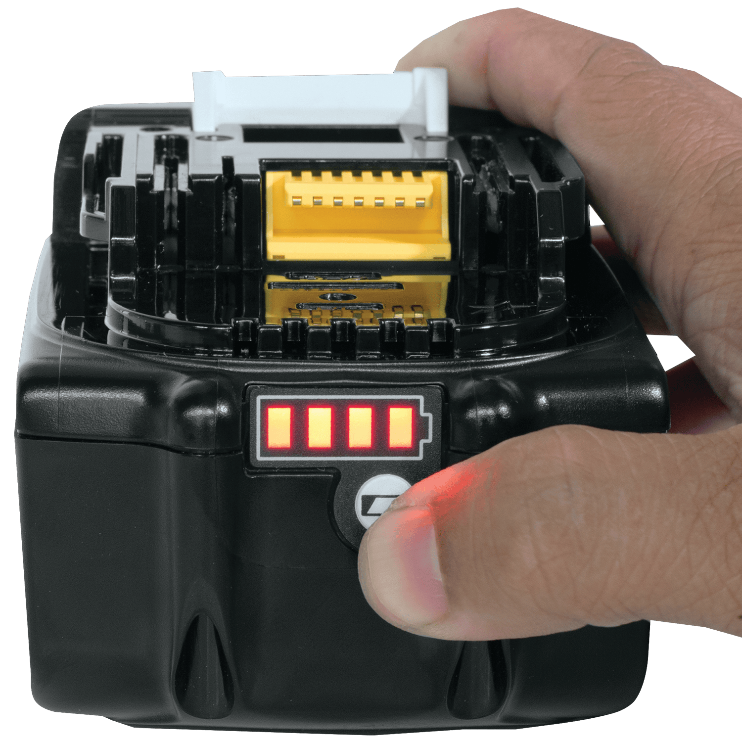 Pushing the check button on the Makita 18V 4.0Ah battery to illuminate all four red LEDs showing 100% remaining charge.