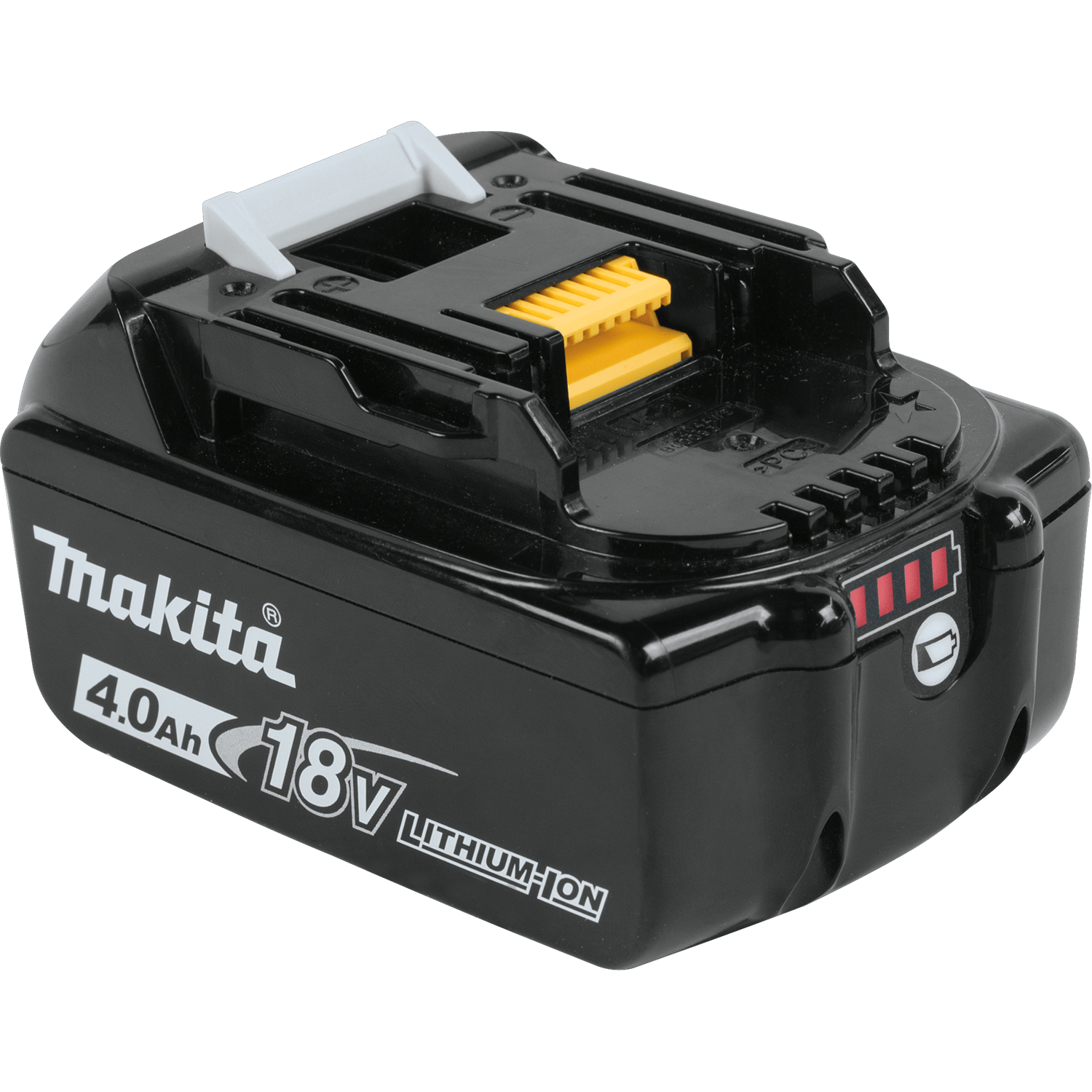 High-angle view of Makita ADBL1840B battery showing durable slide rails, yellow Star terminal, and white release latch.