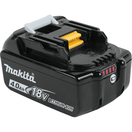 High-angle view of Makita ADBL1840B battery showing durable slide rails, yellow Star terminal, and white release latch.