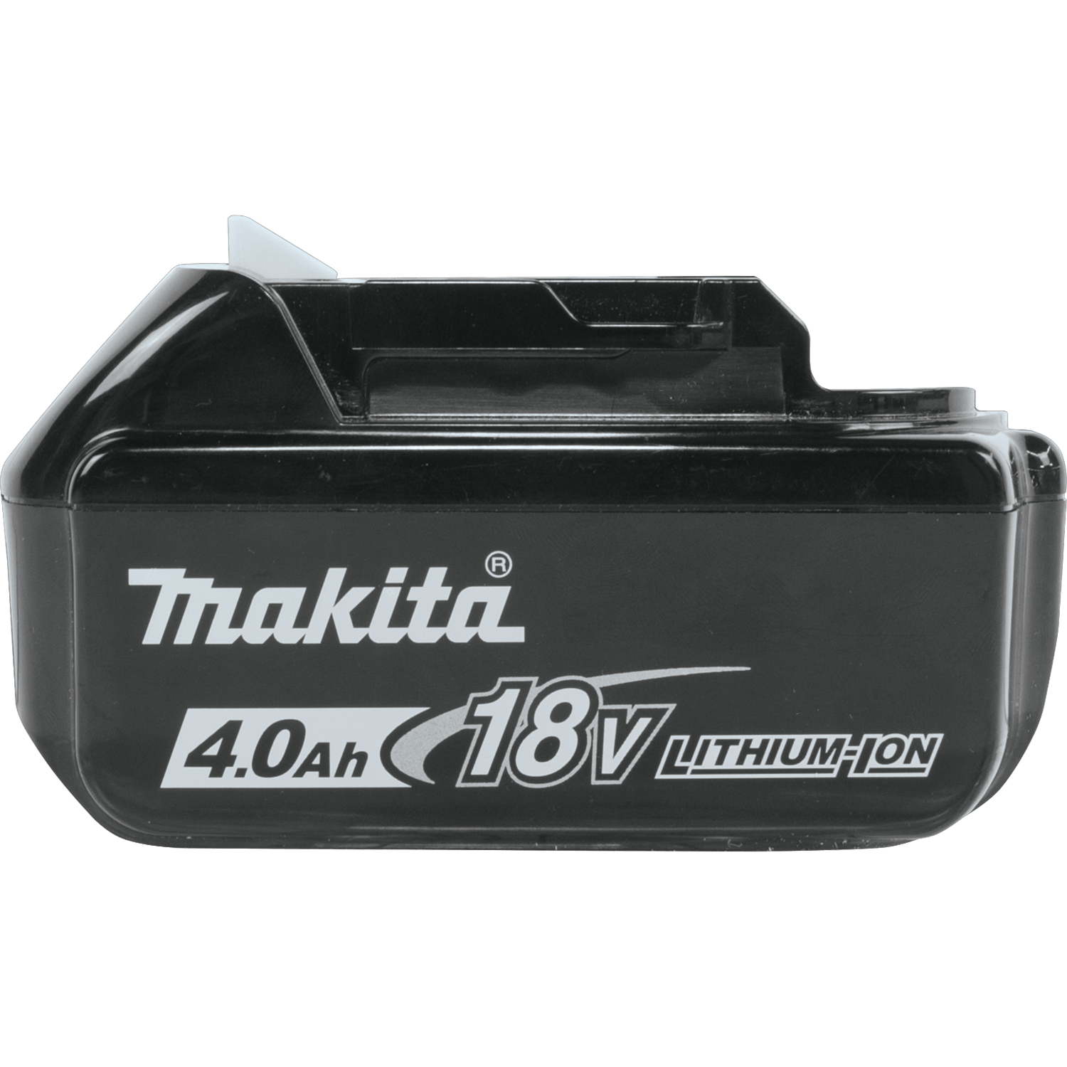 Side profile of Makita 18V LXT 4.0Ah lithium-ion battery displaying the compact slide-style pack branding.