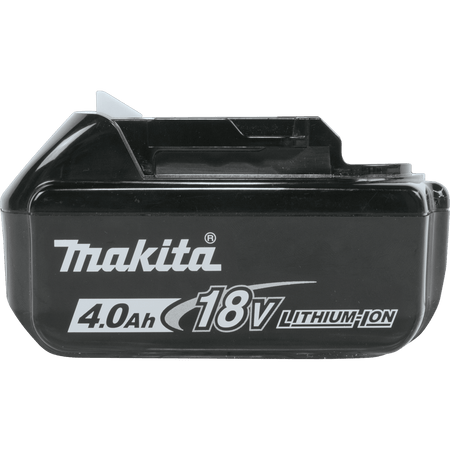 Side profile of Makita 18V LXT 4.0Ah lithium-ion battery displaying the compact slide-style pack branding.