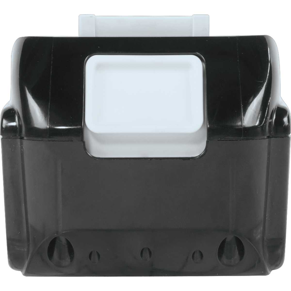 Direct rear view of Makita BL1850B battery showing the white quick-release button for fast tool swaps on the jobsite.