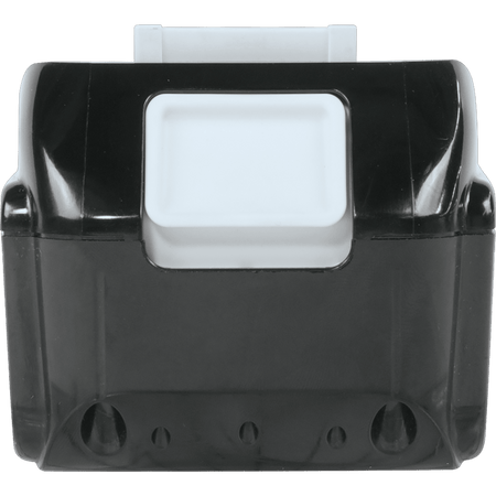 Direct rear view of Makita BL1850B battery showing the white quick-release button for fast tool swaps on the jobsite.