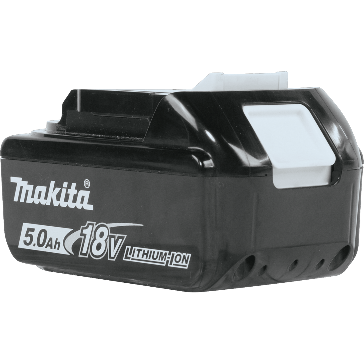 Rear angled view of Makita 18V 5.0Ah slide battery displaying the impact-resistant casing and locking slide mechanism.