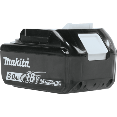 Rear angled view of Makita 18V 5.0Ah slide battery displaying the impact-resistant casing and locking slide mechanism.