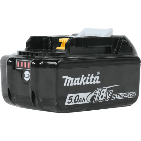 Makita BL1850B 5.0Ah battery showing integrated 4-LED fuel gauge and heavy-duty tool mounting rails.