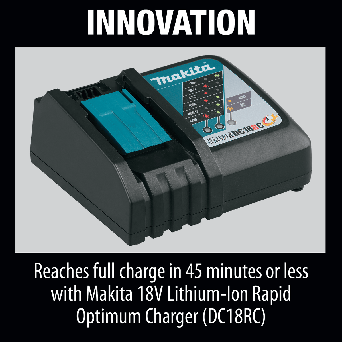 Makita DC18RC 18V rapid battery charger with LED diagnostic status lights for monitoring charge progress.