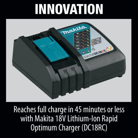 Makita DC18RC 18V rapid battery charger with LED diagnostic status lights for monitoring charge progress.