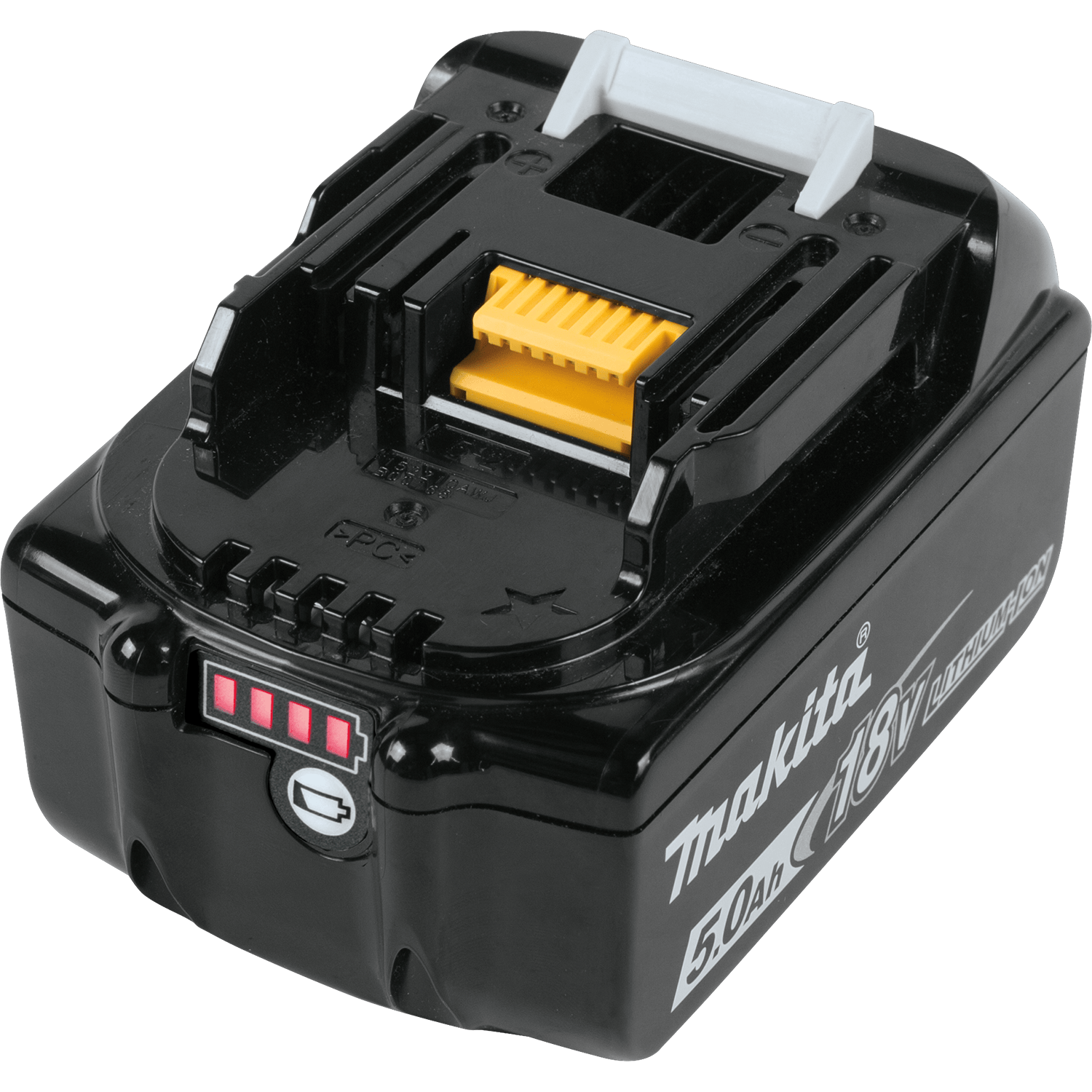 Makita 18V 5.0Ah lithium-ion battery with integrated 4-LED fuel gauge and yellow Star Protection connector interface.