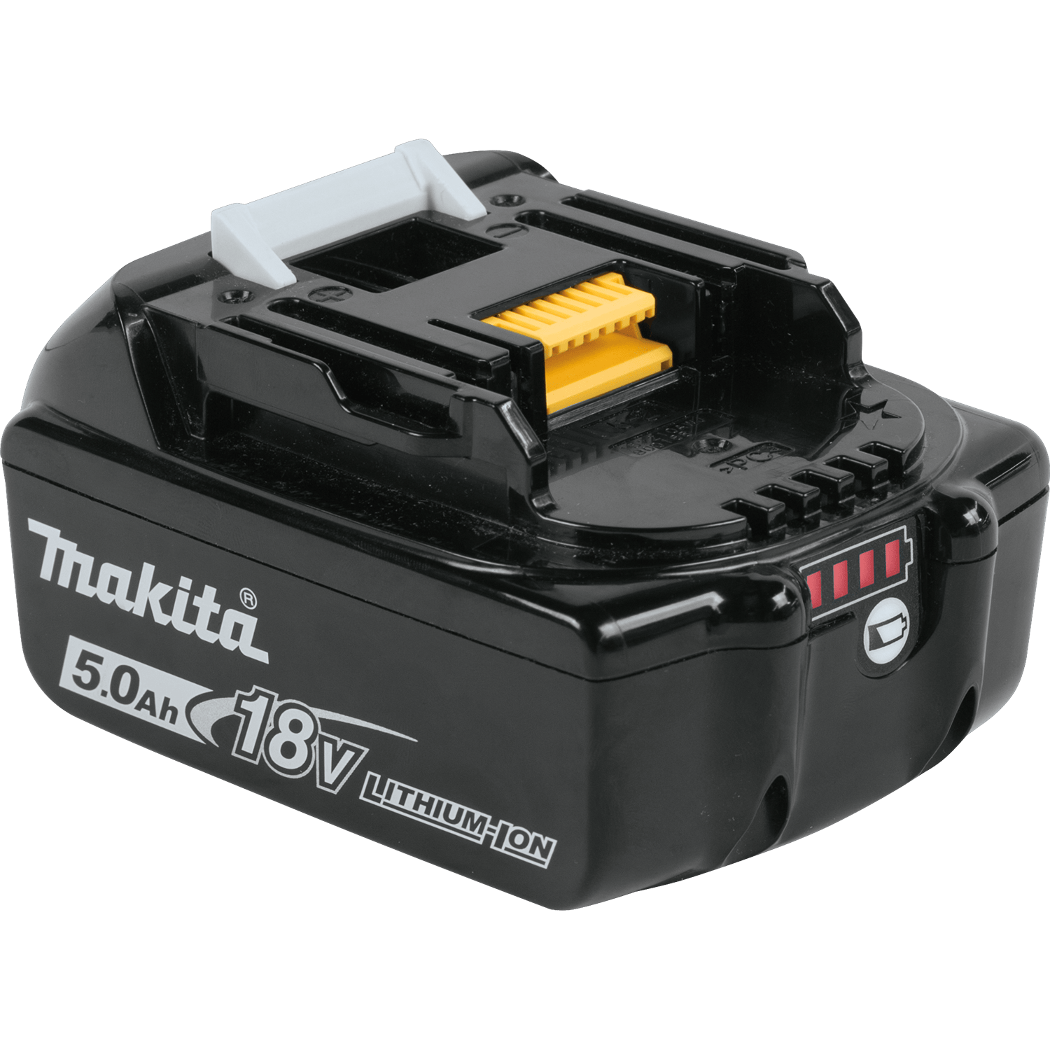 Side profile of Makita BL1850B 18V 5.0Ah lithium-ion battery pack displaying the slide-style platform branding.