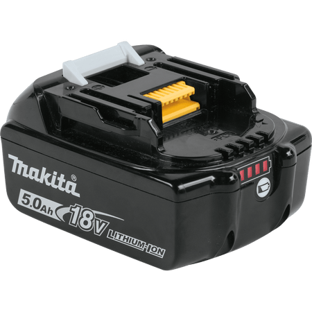 Side profile of Makita BL1850B 18V 5.0Ah lithium-ion battery pack displaying the slide-style platform branding.