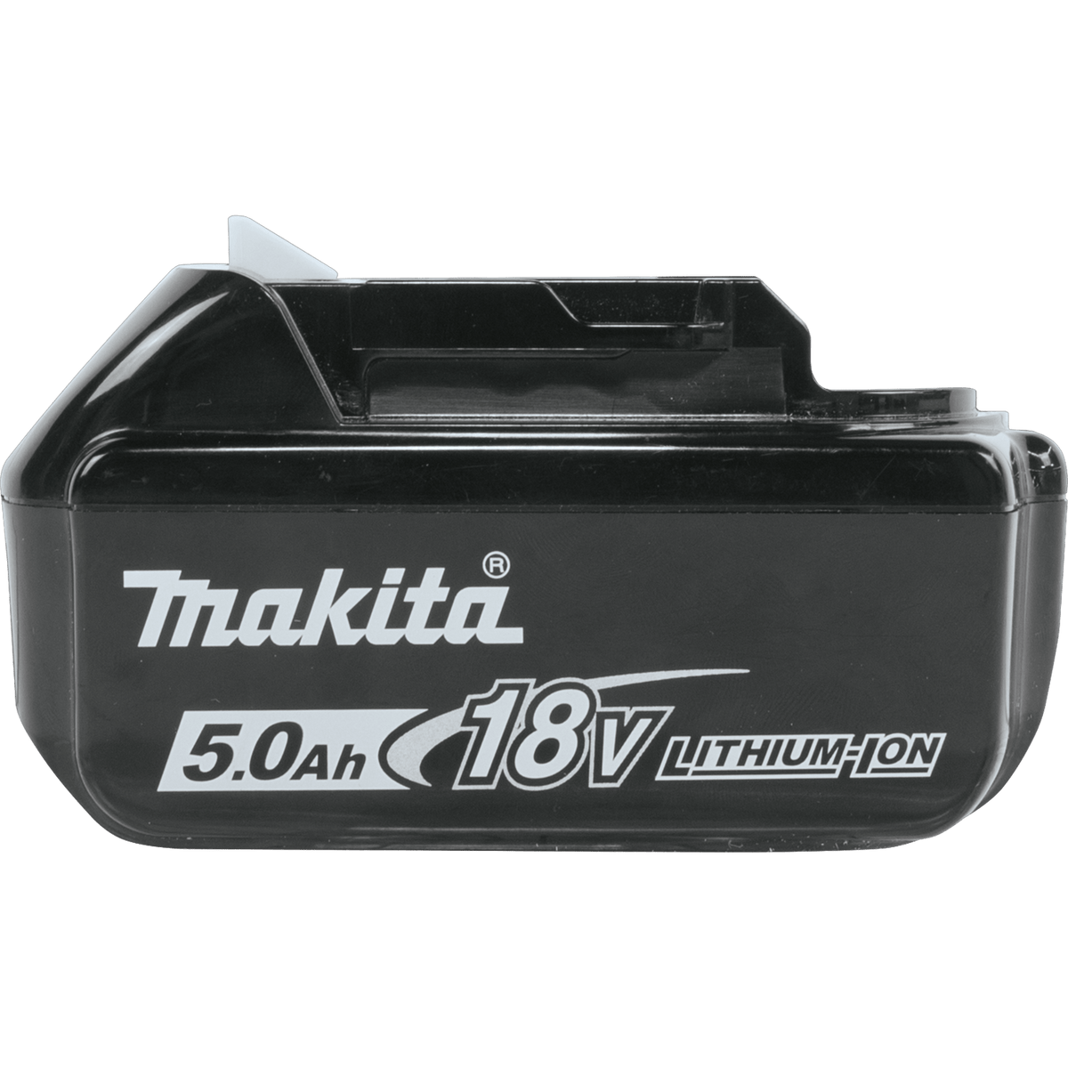 Side profile of Makita BL1850B 18V 5.0Ah lithium-ion battery pack displaying the slide-style platform branding.