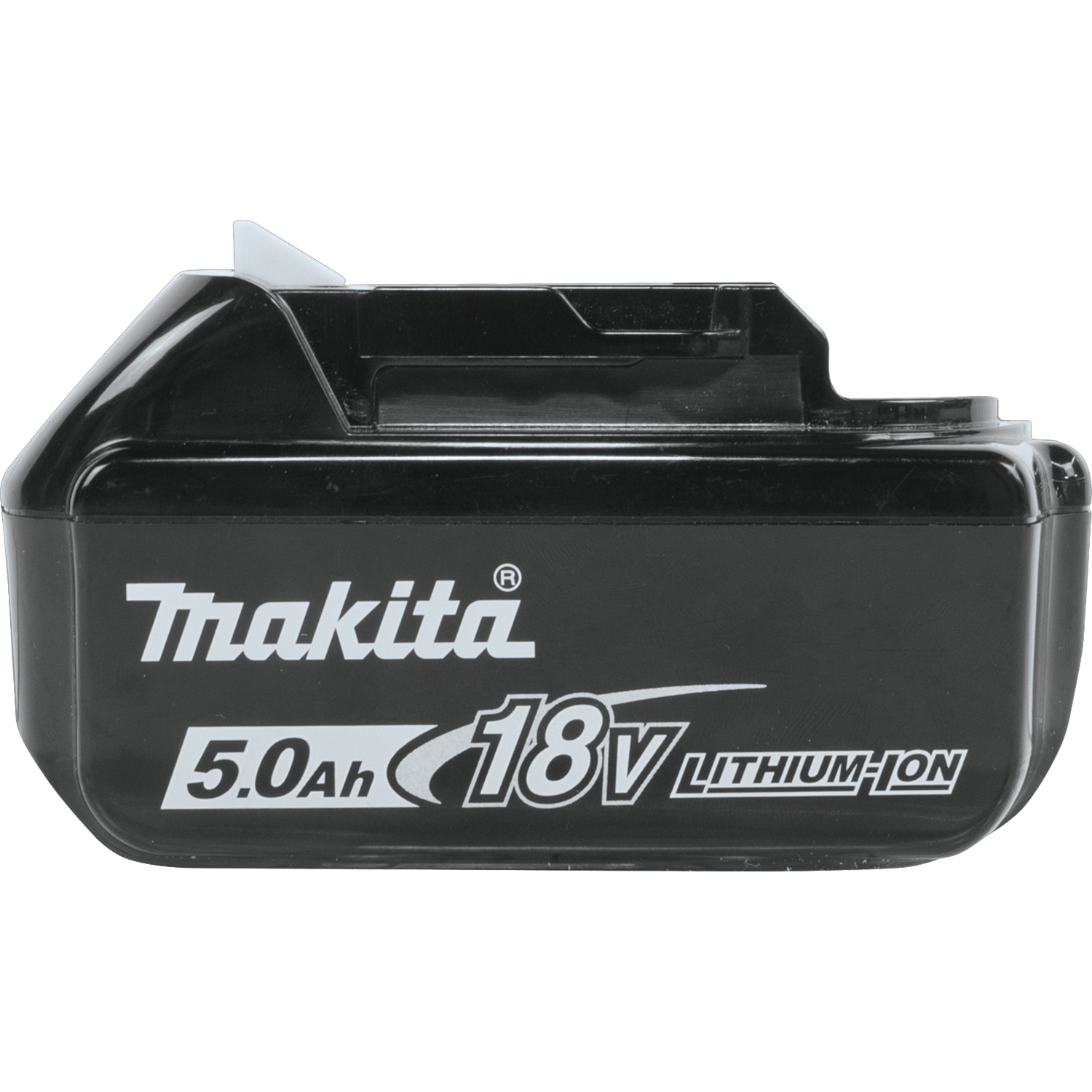 Side profile of Makita BL1850B 18V 5.0Ah lithium-ion battery pack displaying the slide-style platform branding.