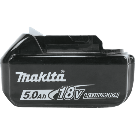 Side profile of Makita BL1850B 18V 5.0Ah lithium-ion battery pack displaying the slide-style platform branding.