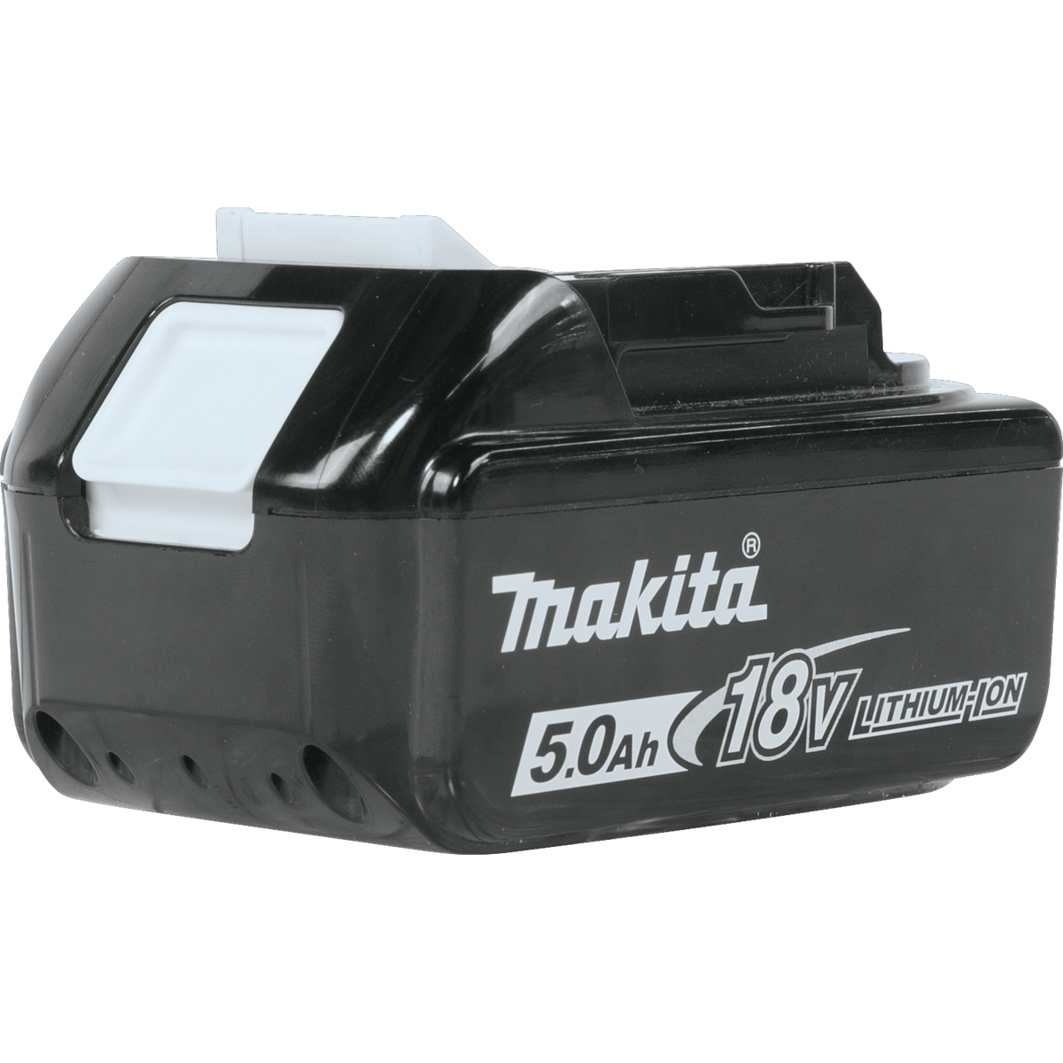 Direct rear view of Makita BL1850B battery showing the white quick-release button for fast tool swaps on the jobsite.