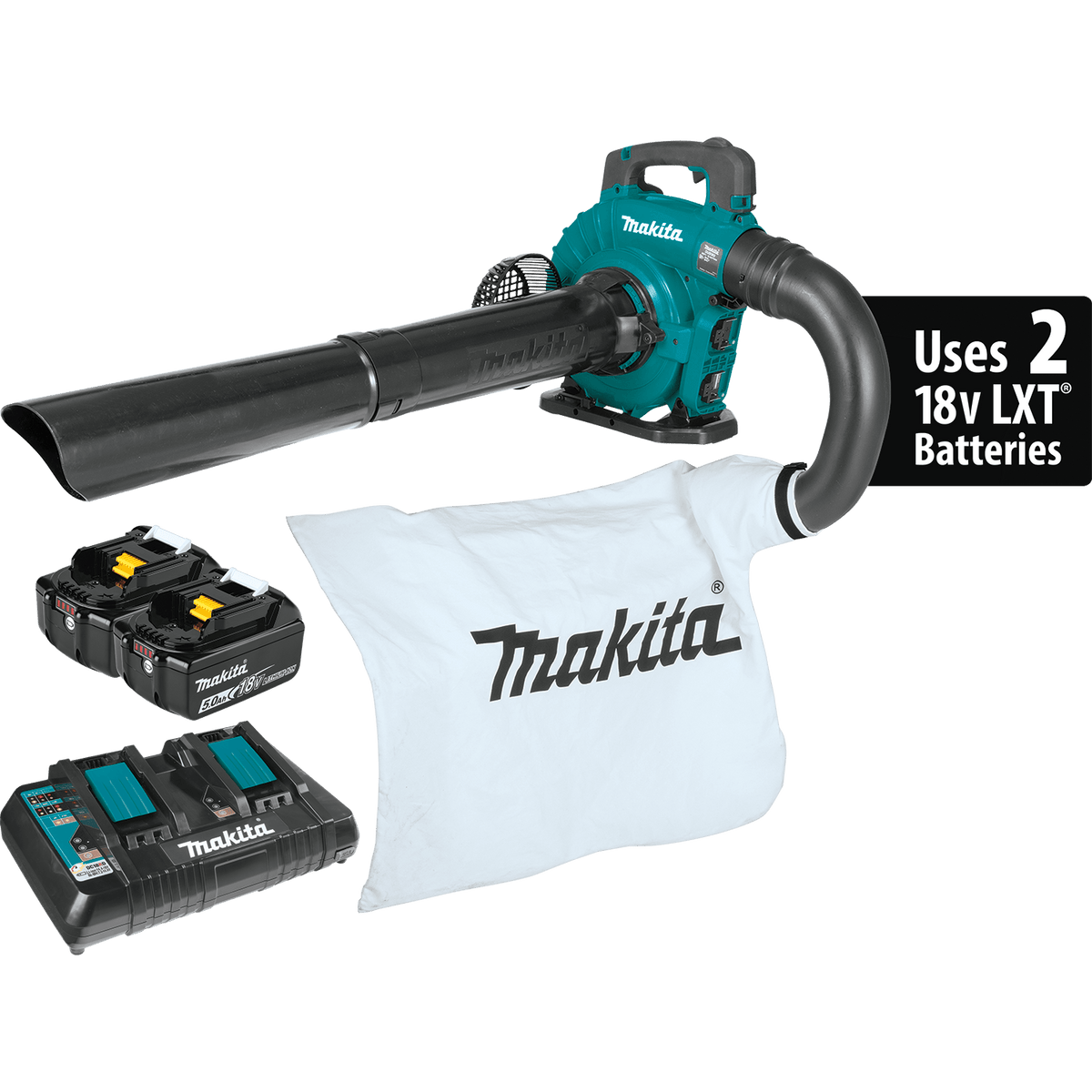 Makita XBU04PTV cordless blower kit with two 18V LXT batteries, dual charger, collection bag, and vacuum tubes.