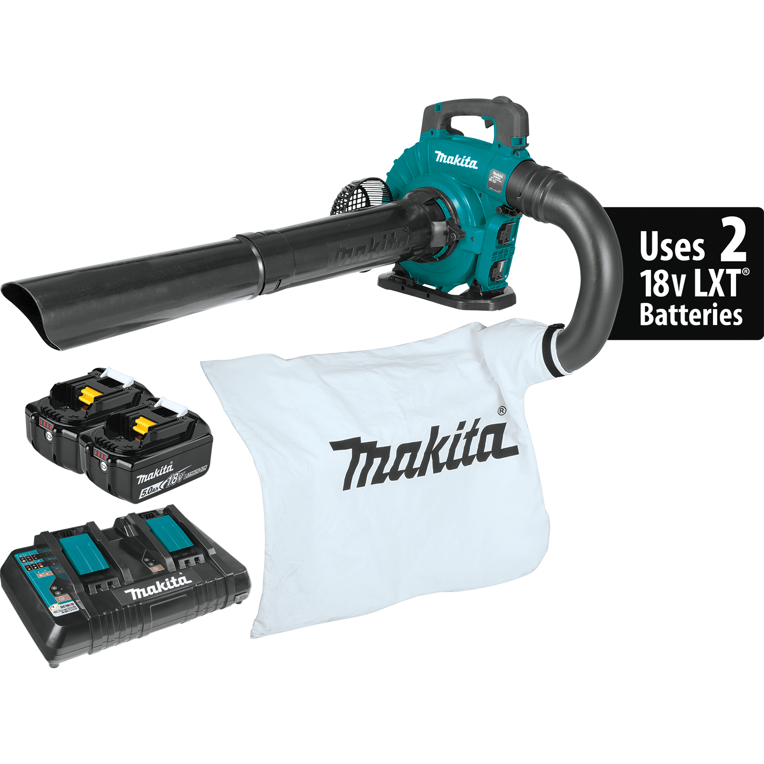 Makita XBU04PTV cordless blower kit with two 18V LXT batteries, dual charger, collection bag, and vacuum tubes.