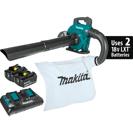 Makita XBU04PTV cordless blower kit with two 18V LXT batteries, dual charger, collection bag, and vacuum tubes.