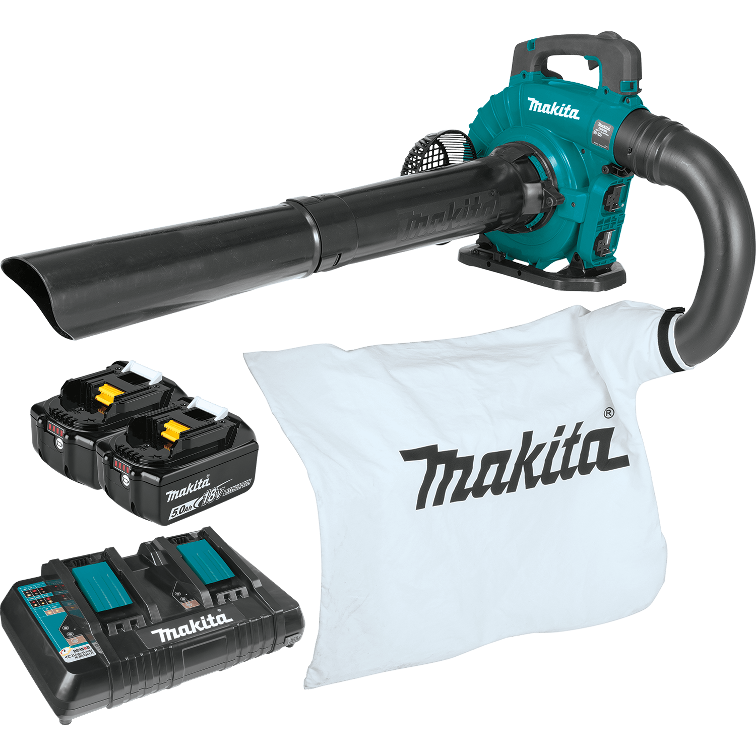 Makita XBU04PTV cordless blower kit with two 18V LXT batteries, dual charger, collection bag, and vacuum attachment tubes.
