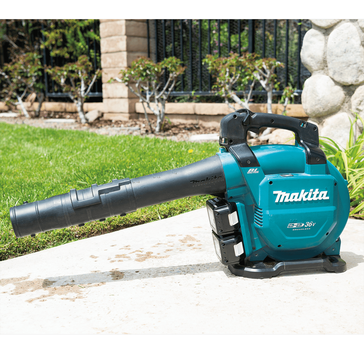 Makita 36V brushless cordless blower resting upright on a concrete path near modern landscaping.