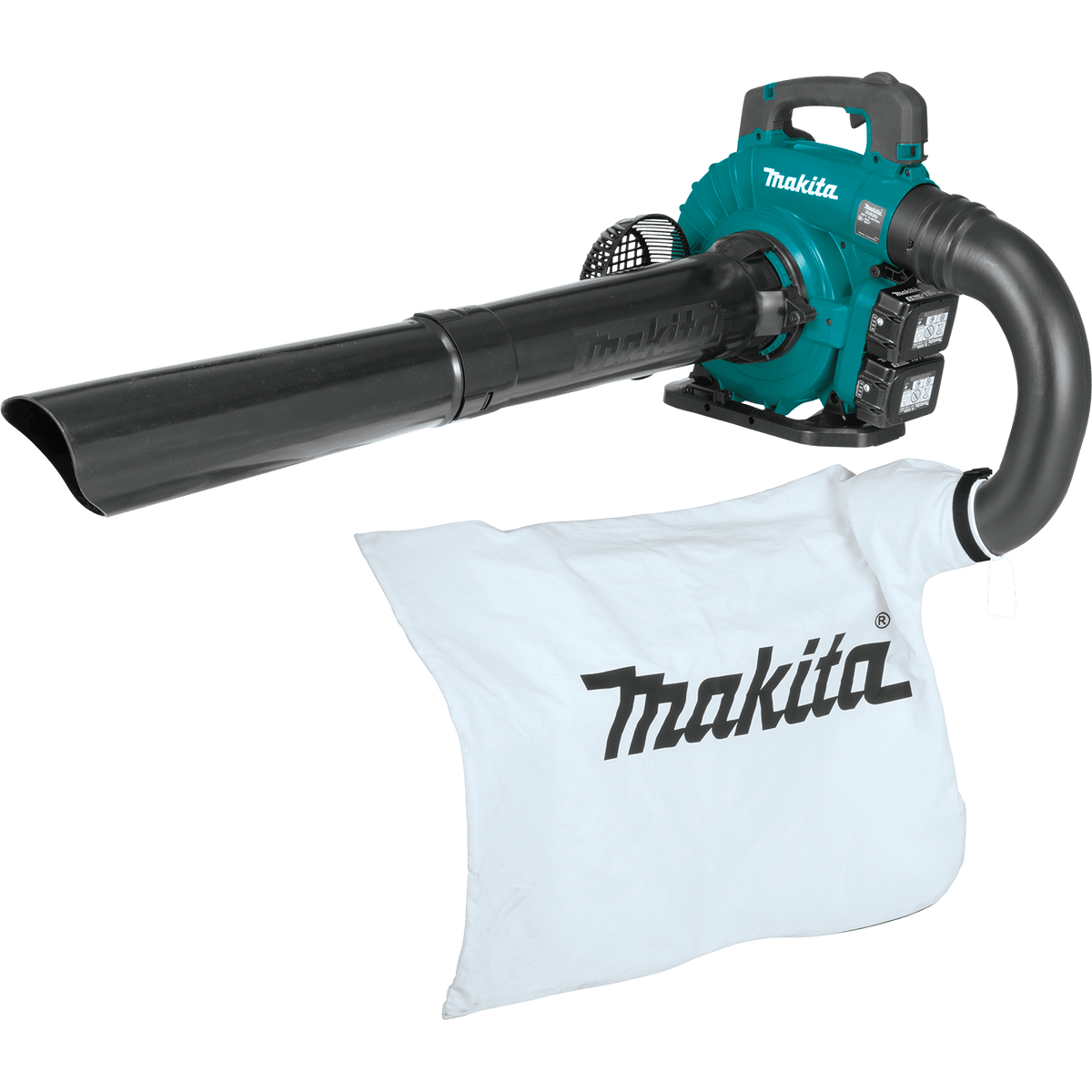 Makita XBU04PTV cordless blower kit with two 18V LXT batteries, dual charger, collection bag, and vacuum tubes.