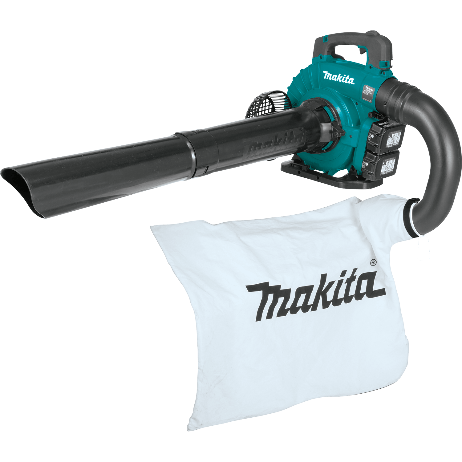 Makita XBU04PTV cordless blower kit with two 18V LXT batteries, dual charger, collection bag, and vacuum tubes.