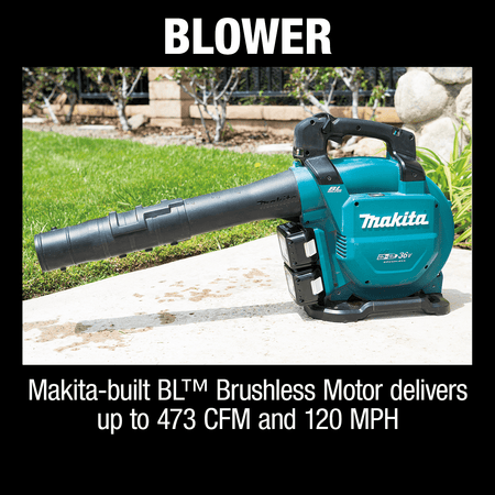 Makita XBU04PTV cordless blower resting on concrete, powered by two 18V LXT batteries for 36V performance.