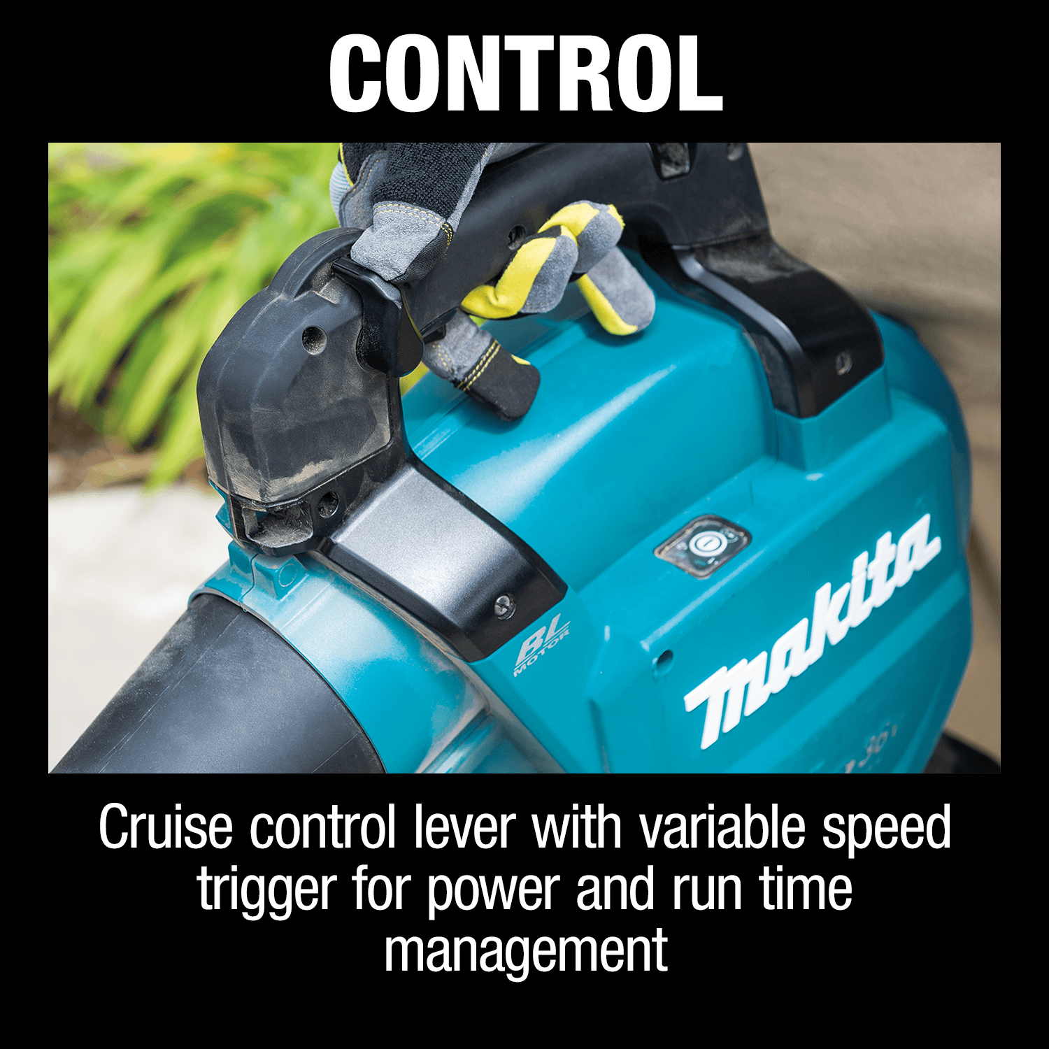 Hand operating the Makita XBU04PTV variable speed trigger and cruise control lever for runtime management.