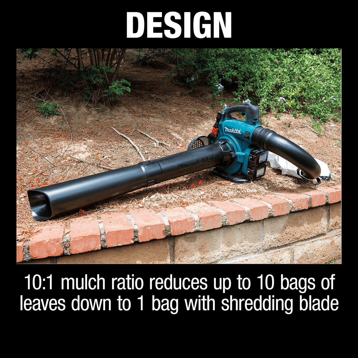 Makita XBU04PTV demonstrating its 10:1 mulch ratio over brick ledge to reduce leaf volume efficiently.