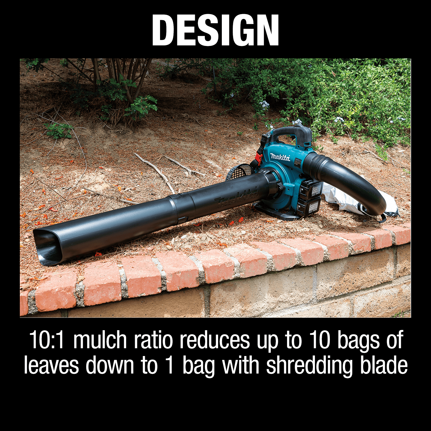 Makita XBU04PTV demonstrating its 10:1 mulch ratio over brick ledge to reduce leaf volume efficiently.