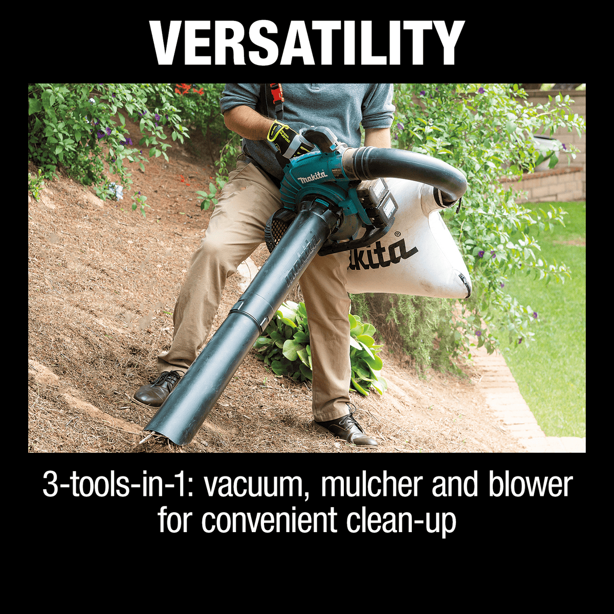 Operator using the Makita XBU04PTV 3-in-1 vacuum and blower tool on a garden slope for property cleanup.