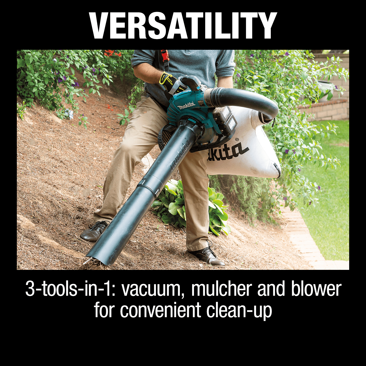Operator using the Makita XBU04PTV 3-in-1 vacuum and blower tool on a garden slope for property cleanup.