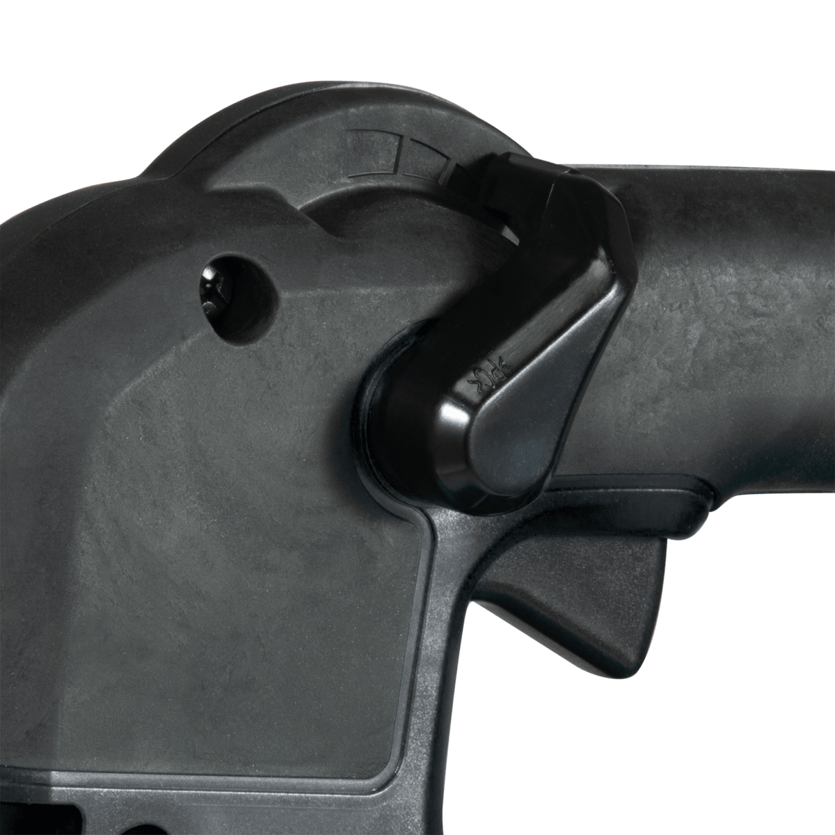 Close-up of the variable speed trigger and adjustable cruise control lever on the Makita XBU04PTV.