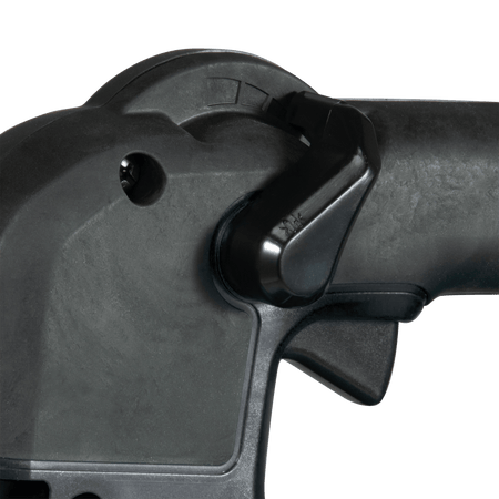 Close-up of the variable speed trigger and adjustable cruise control lever on the Makita XBU04PTV.