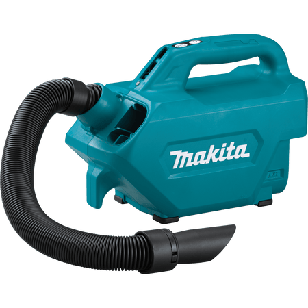 Makita XLC07Z 18V LXT cordless canister vacuum featuring a compact carry handle and a flexible suction hose for portable jobsite debris extraction.