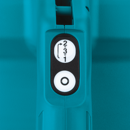 Top handle control panel of the Makita XLC07Z showing the 3-speed electronic power selection button and separate OFF push button.