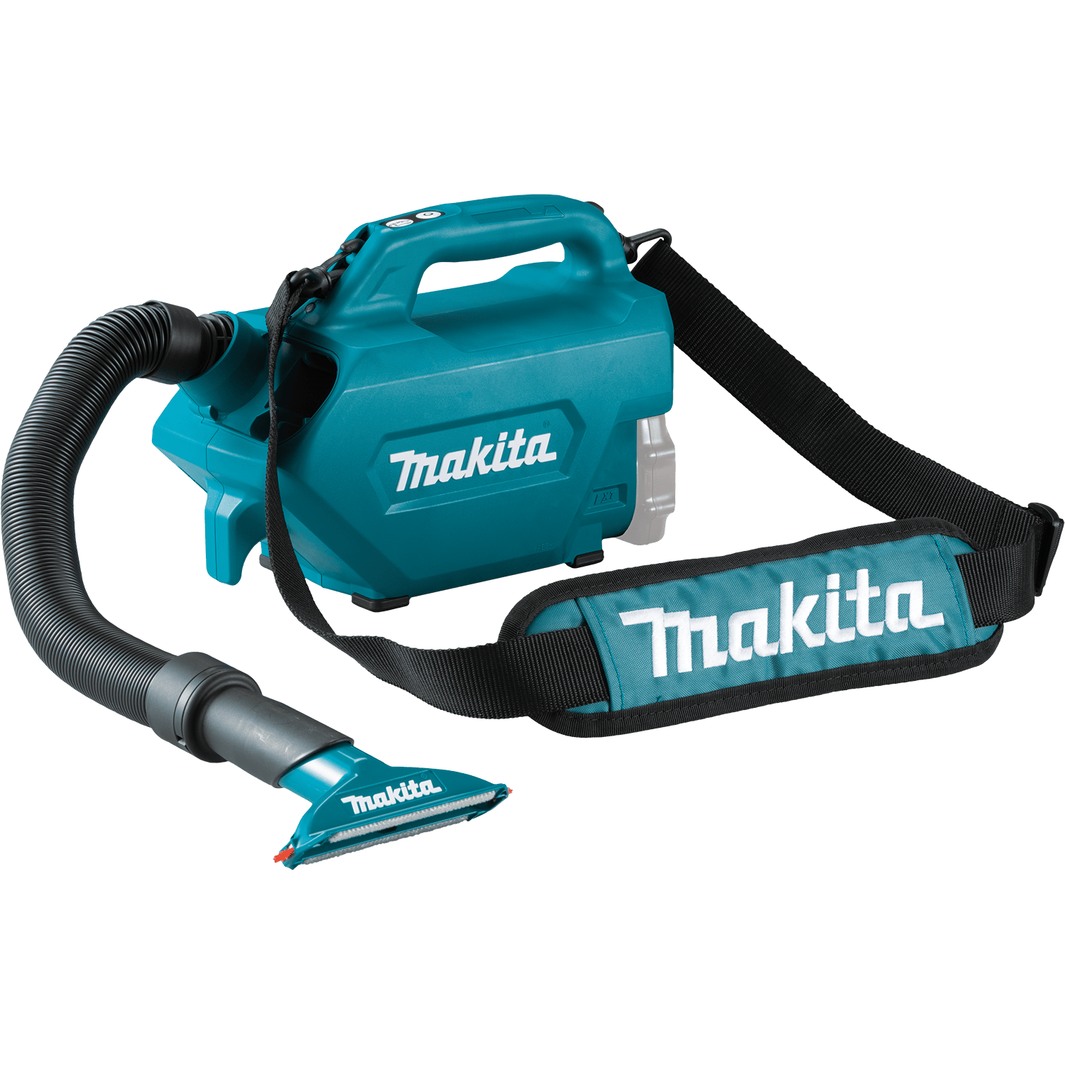 Makita XLC07Z 18V cordless canister vacuum equipped with a padded shoulder strap and wide seat nozzle for mobile interior vehicle detailing.