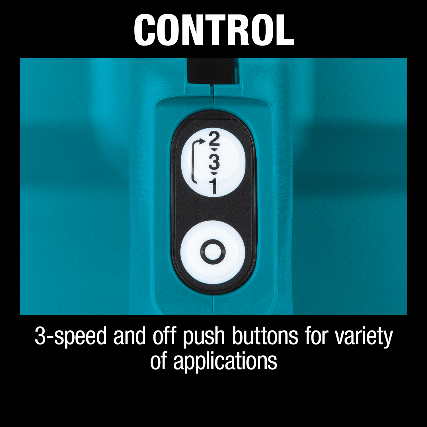Control panel graphic on the Makita XLC07Z vacuum highlighting the 3-speed electronic power selector and separate off button.