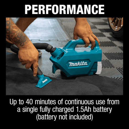 Performance graphic demonstrating up to 40 minutes of continuous vacuuming runtime on a single charged 1.5Ah 18V LXT battery.
