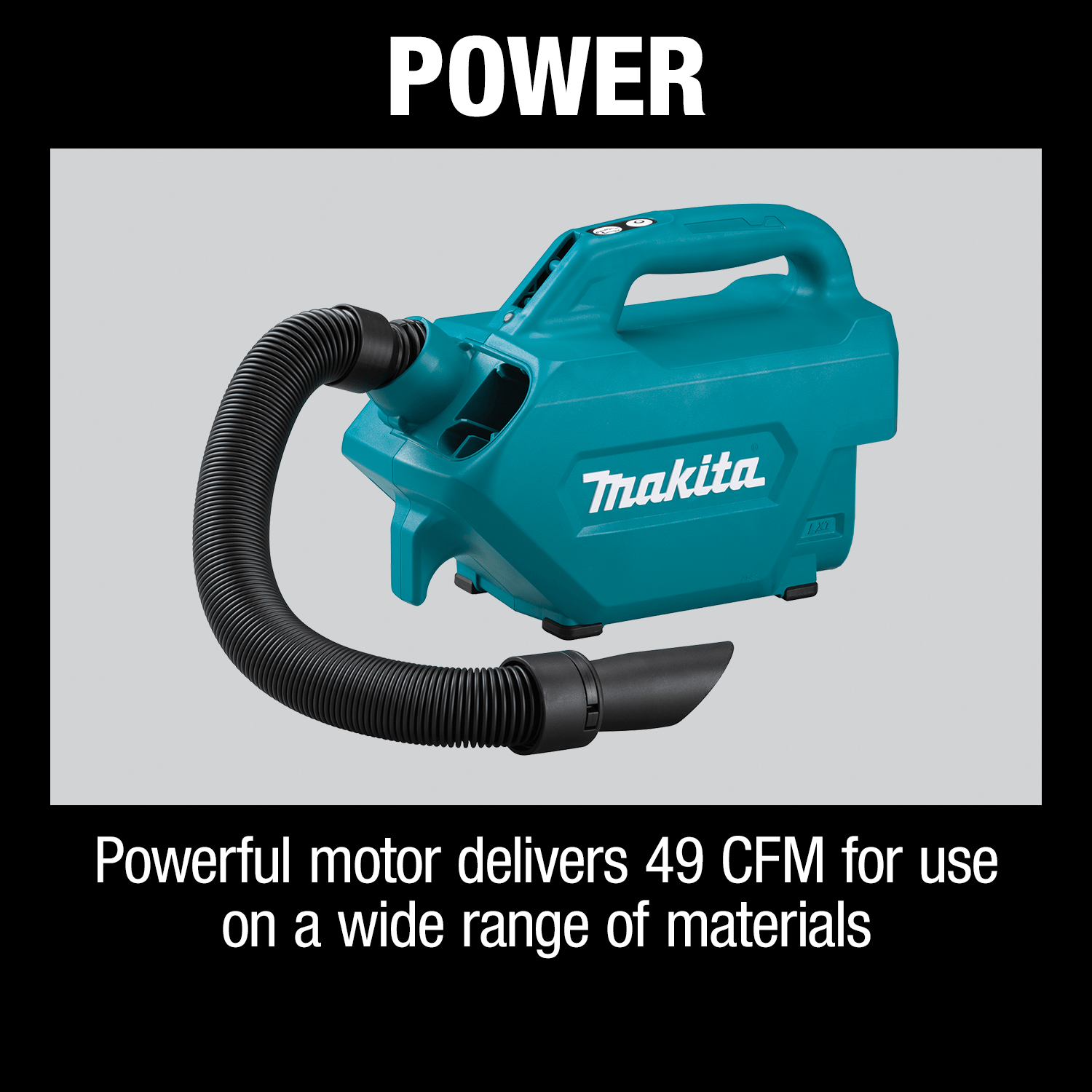 Power graphic highlighting the 49 CFM airflow motor rating on the Makita XLC07Z cordless vacuum for heavy jobsite debris extraction.