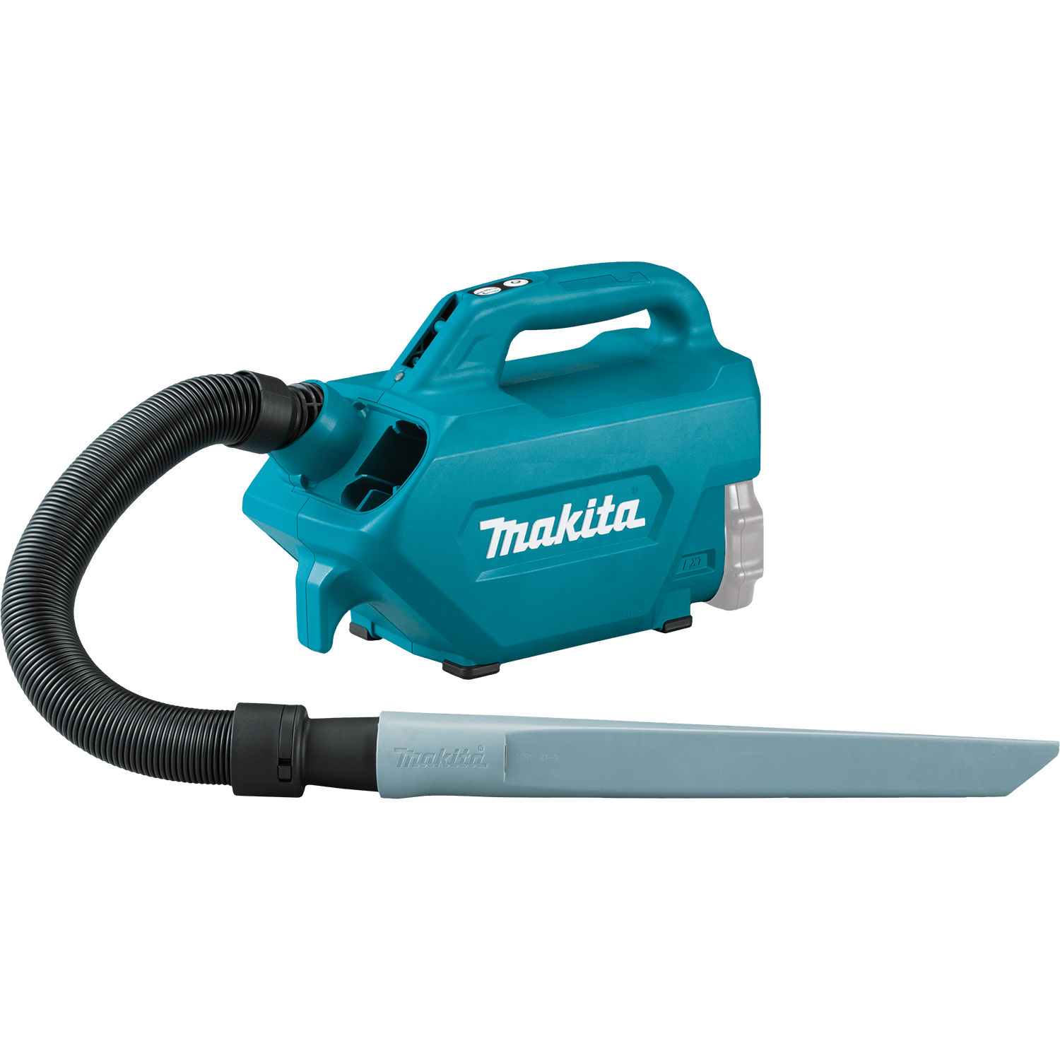 Makita XLC07Z 18V cordless canister vacuum equipped with a long, rigid crevice nozzle attachment for reaching tight gaps under car seats.