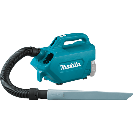 Makita XLC07Z 18V cordless canister vacuum equipped with a long, rigid crevice nozzle attachment for reaching tight gaps under car seats.