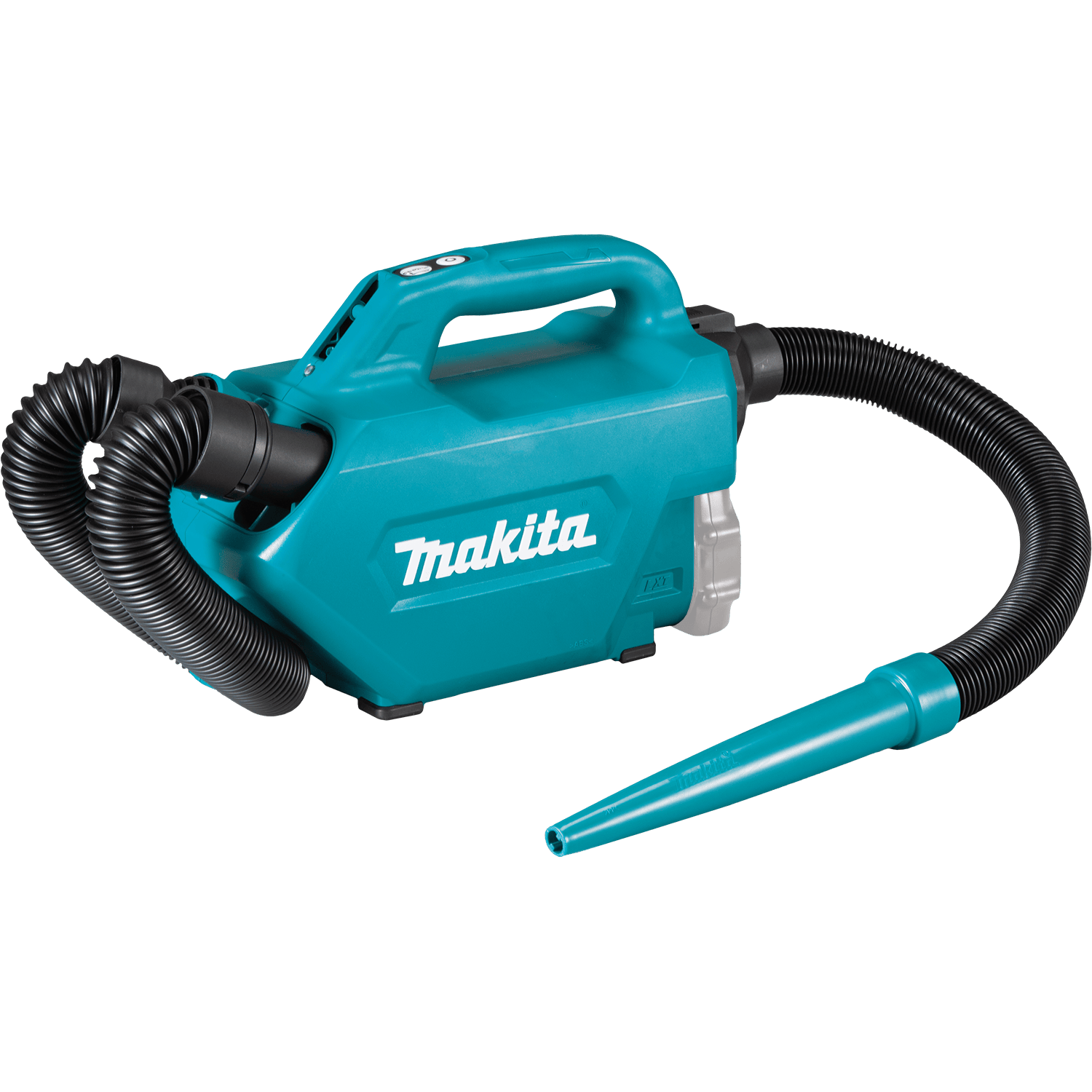 Makita XLC07Z vacuum configured in blower mode with the flexible hose connected to the rear port and a tapered blower nozzle attached.