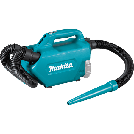 Makita XLC07Z vacuum configured in blower mode with the flexible hose connected to the rear port and a tapered blower nozzle attached.